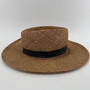 Vintage L.L. Bean Woven Straw Hat Large USA Made Black Band Boater Sun Hat